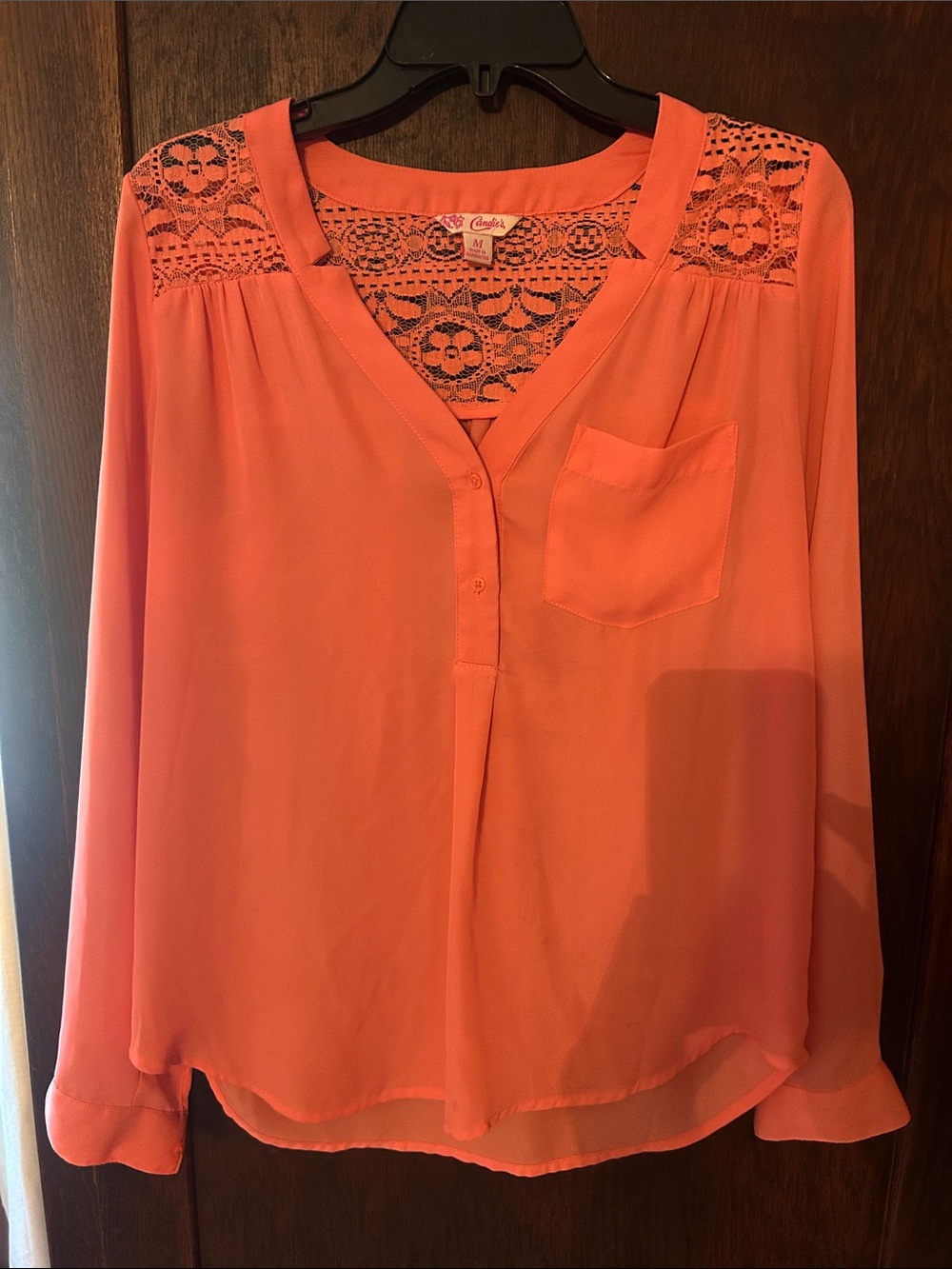 No Boundaries Coral Lace-Yoke V-Neck Blouse